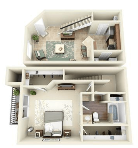 A 3D floor plan of a two-bedroom apartment with a living room, kitchen, and bathroom.